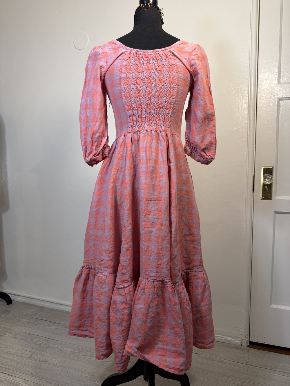Women's Pink Gingham Check Midi Dress -3/4 Sleeved Ruffled Hem - Picture 9 of 11